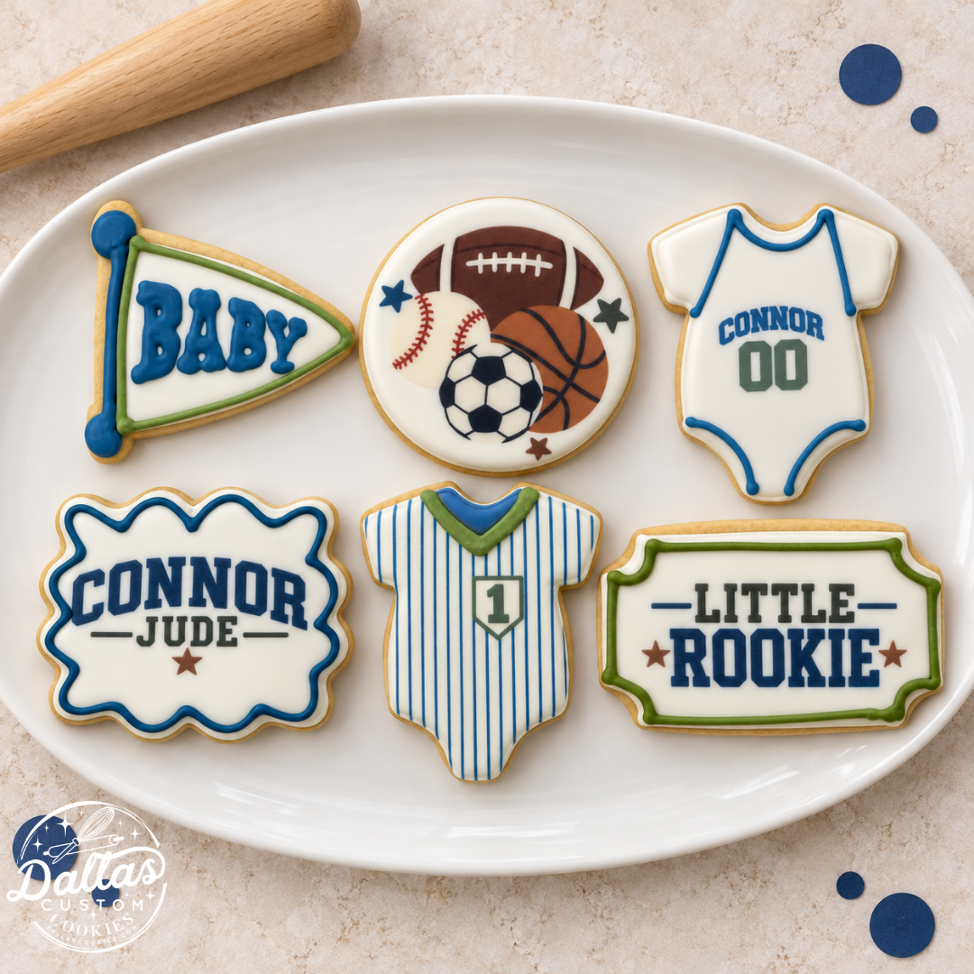 Little Rookie Sports Baby Shower Cookies – Personalized Jerseys, Pennant & Sports Ball Cookie Set --12 Count