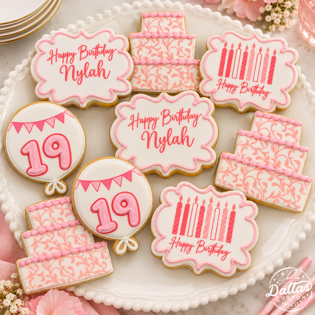 3 Tier Cake Birthday Balloon Pink & White Plaque Cookies--12 Count