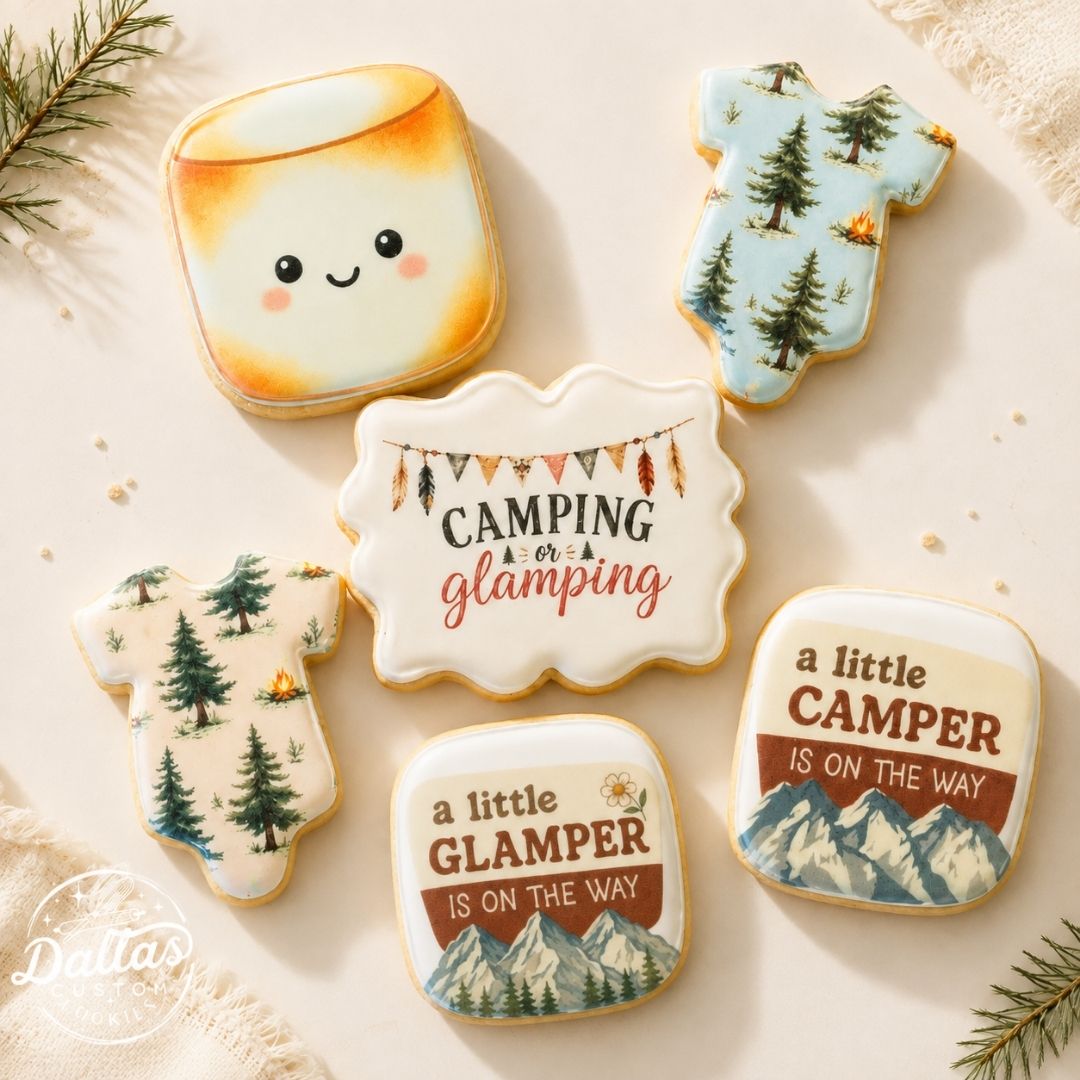 Gender Reveal Glamper or Camper Camping themed Baby Shower Cookie Set --12 Count