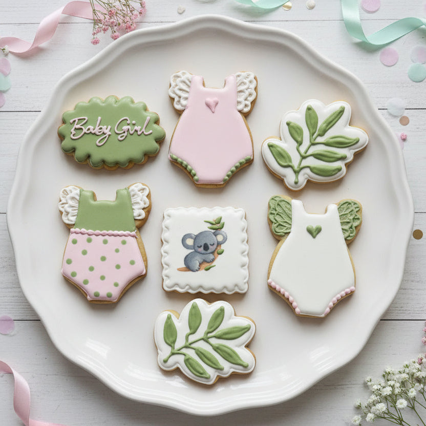 Baby Girl Lacy Onesie Baby Shower Cookie Set with Leaf Greenery & Koala Pink & Green--12 Count