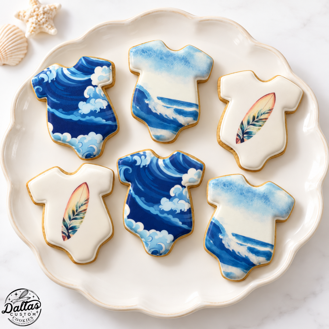 Patterned Onesies Baby on Board Surf Baby Shower Cookies--12 Count