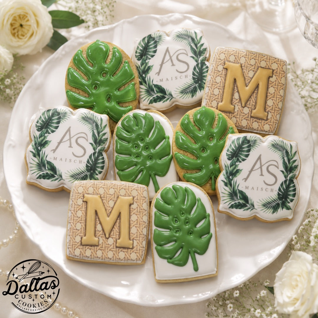 Tropical Hawaiian Monstera Leaf Monogram Wedding Cookies -- 12 count