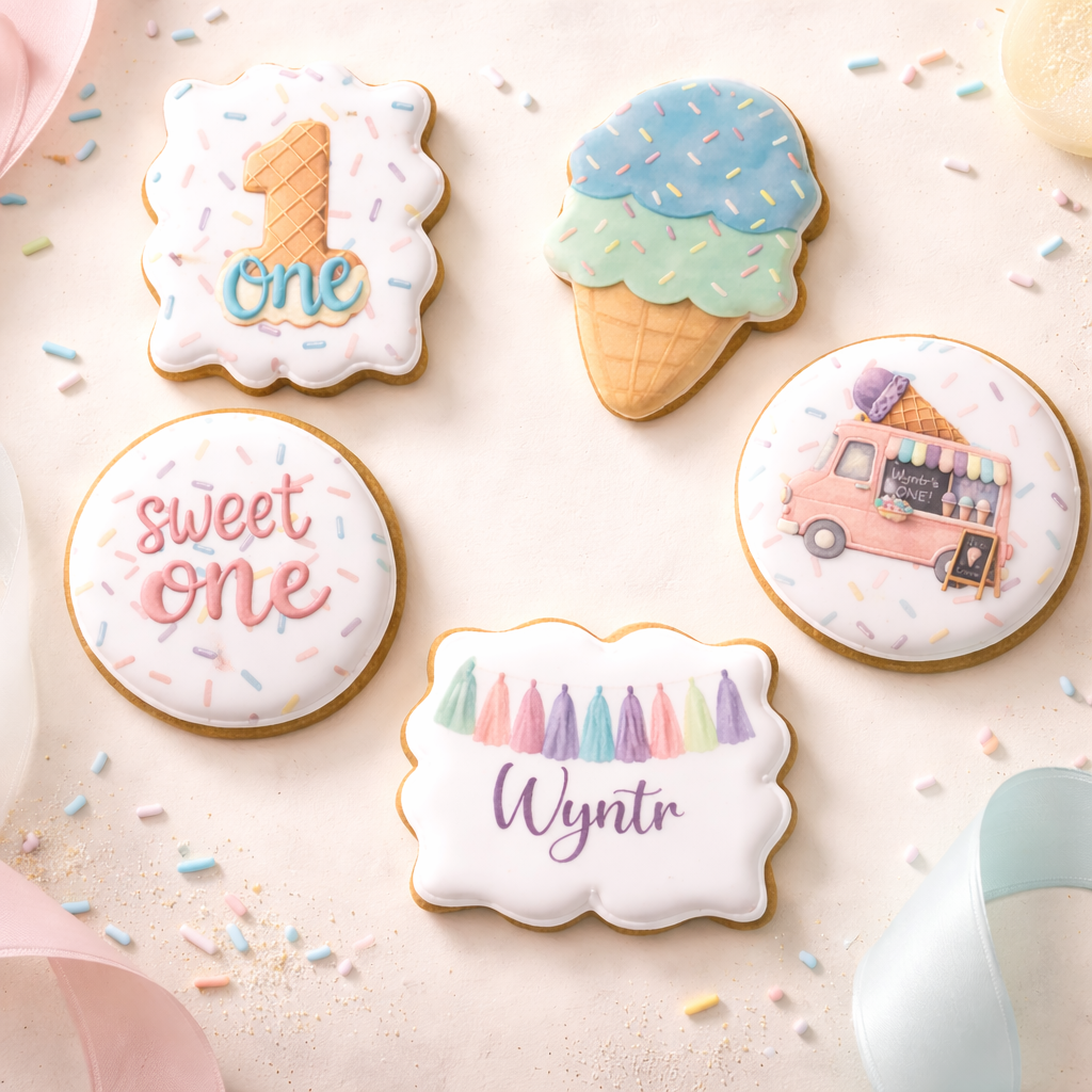 Custom Printed "Sweet One" Ice Cream Cone Truck One First Birthday Cookies -12 Count