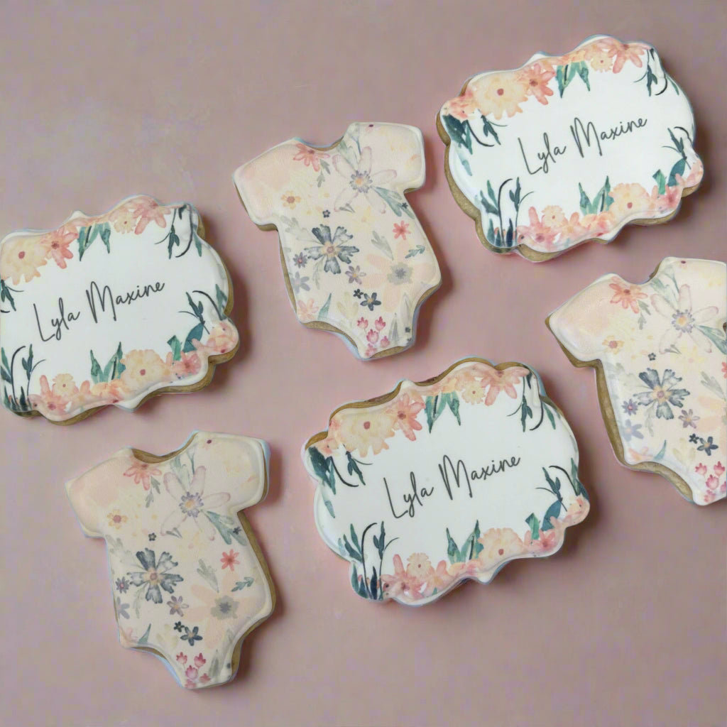 Build Your Own Custom Patterned Onesie and Custom Baby's Name Plaque Shower Cookies w/Live Preview--12 Count