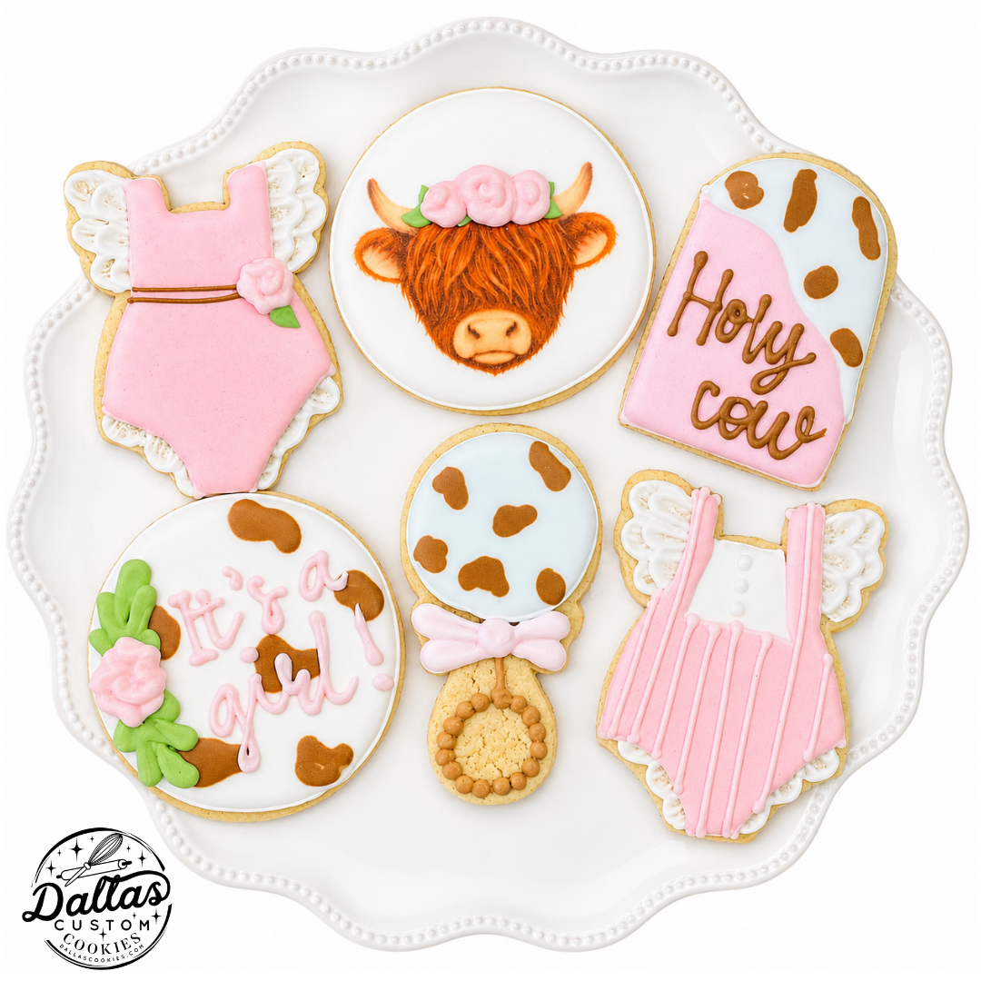 Holy Cow, It's a Girl! Highland Cow & Ruffled Lace Onesies Baby Shower Cookie Set --12 Count