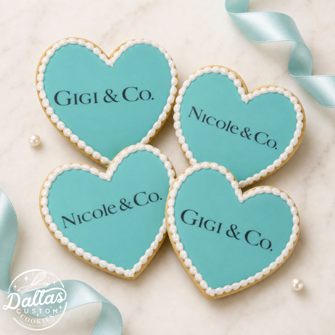 Tiffany Blue Themed Heart Cookies – Personalized Company & Corporate Gift Cookies--12 Count