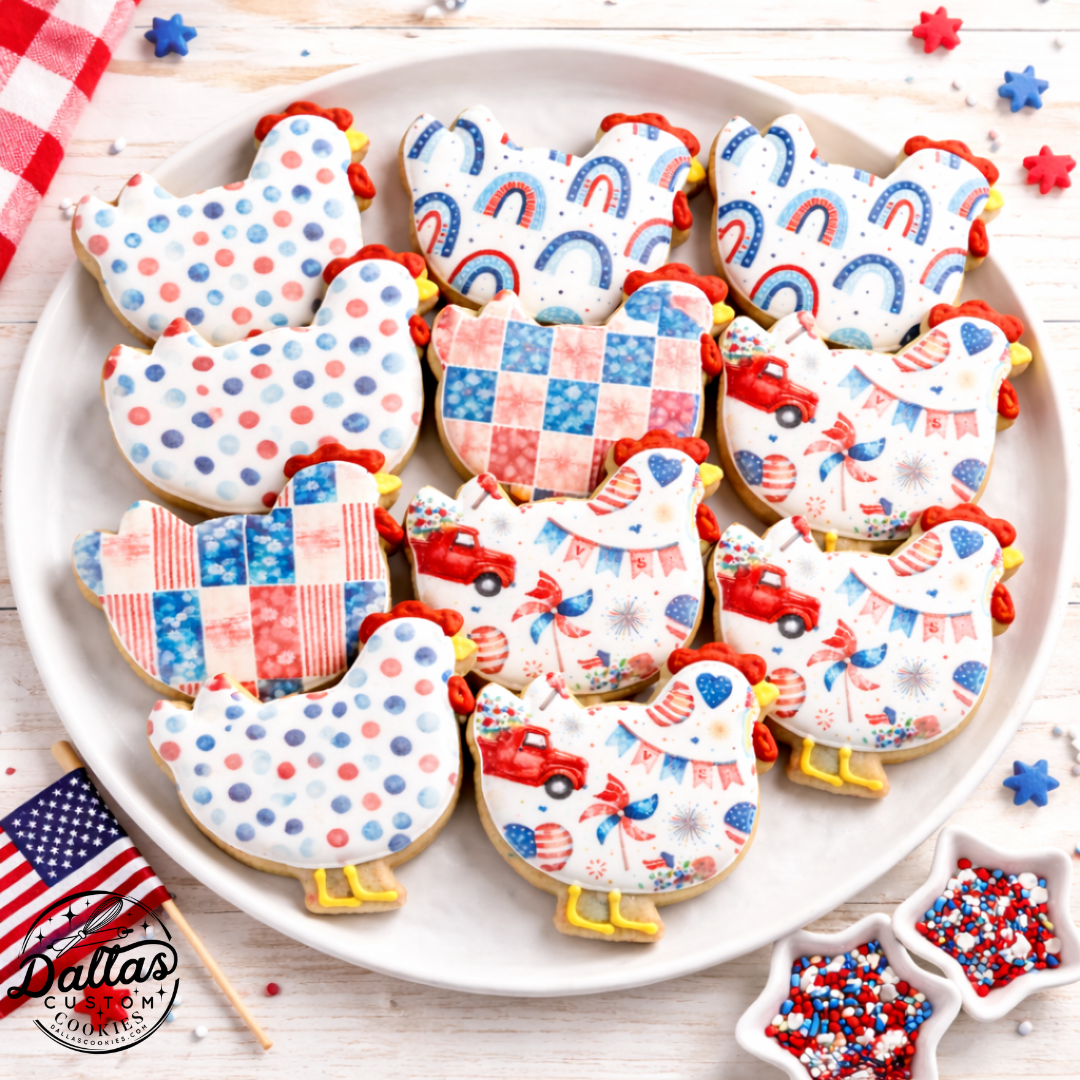 Americana Patterns Chicken Cookie Set – Patriotic Farmhouse Sugar Cookies --12 Count