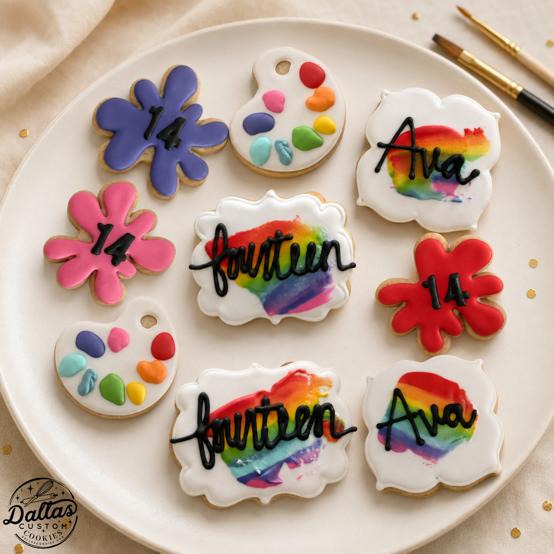 Paint Pallet Set, Paint Splatter, Artist Set w/custom Name Birthday Cookies -12 Count