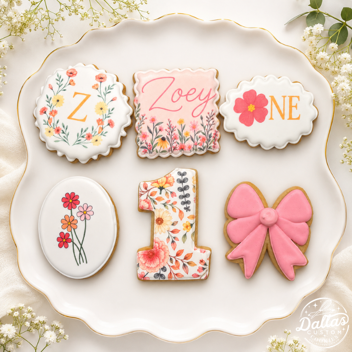 Floral One First Birthday Cookies with Bow Girly -12 Count