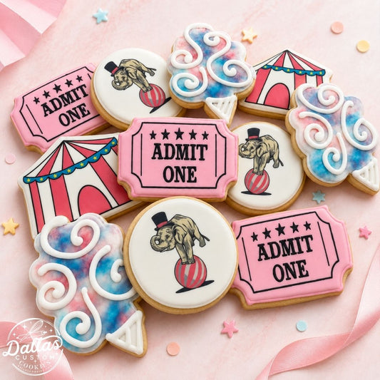 Pink Tickets Cotton Candy Elephant Circus Carnival Pink Themed Cookies--12 Count
