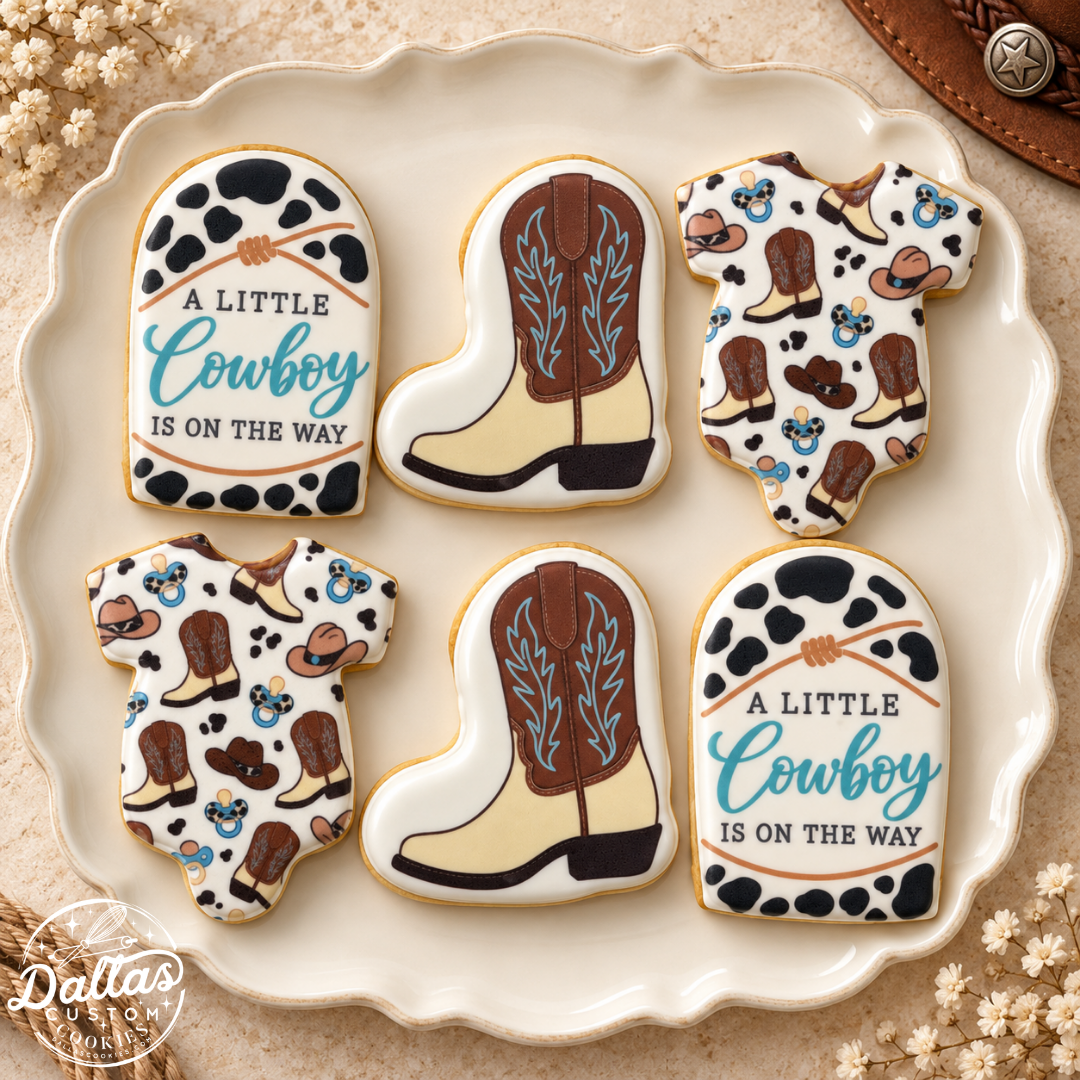A Little Cowboy Is on the Way Baby Shower Cookies – Western Boots & Cow Print Cookie Set --12 Count