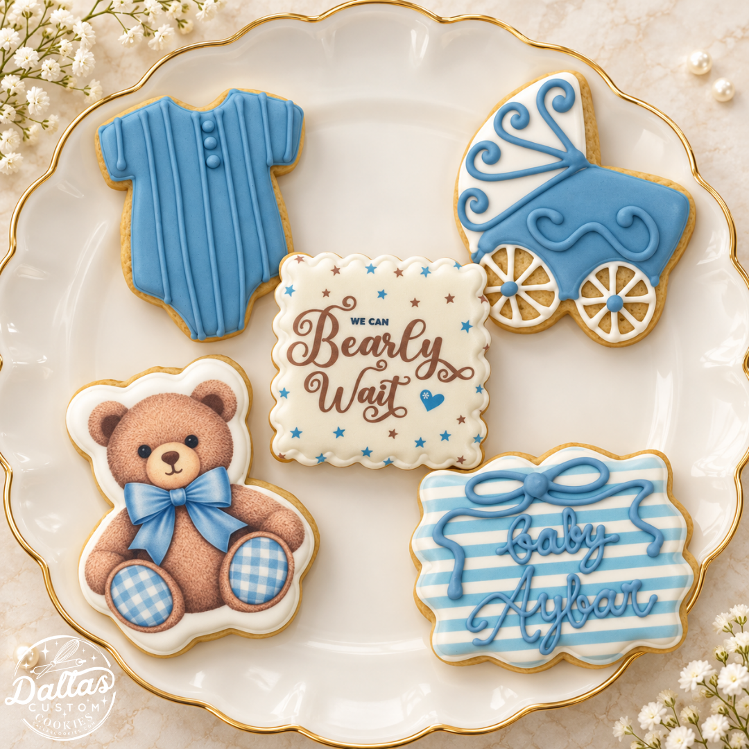 We Can Bearly Wait Baby Shower Cookies – Blue Teddy Bear, Carriage & Personalized Cookie Set --12 Count