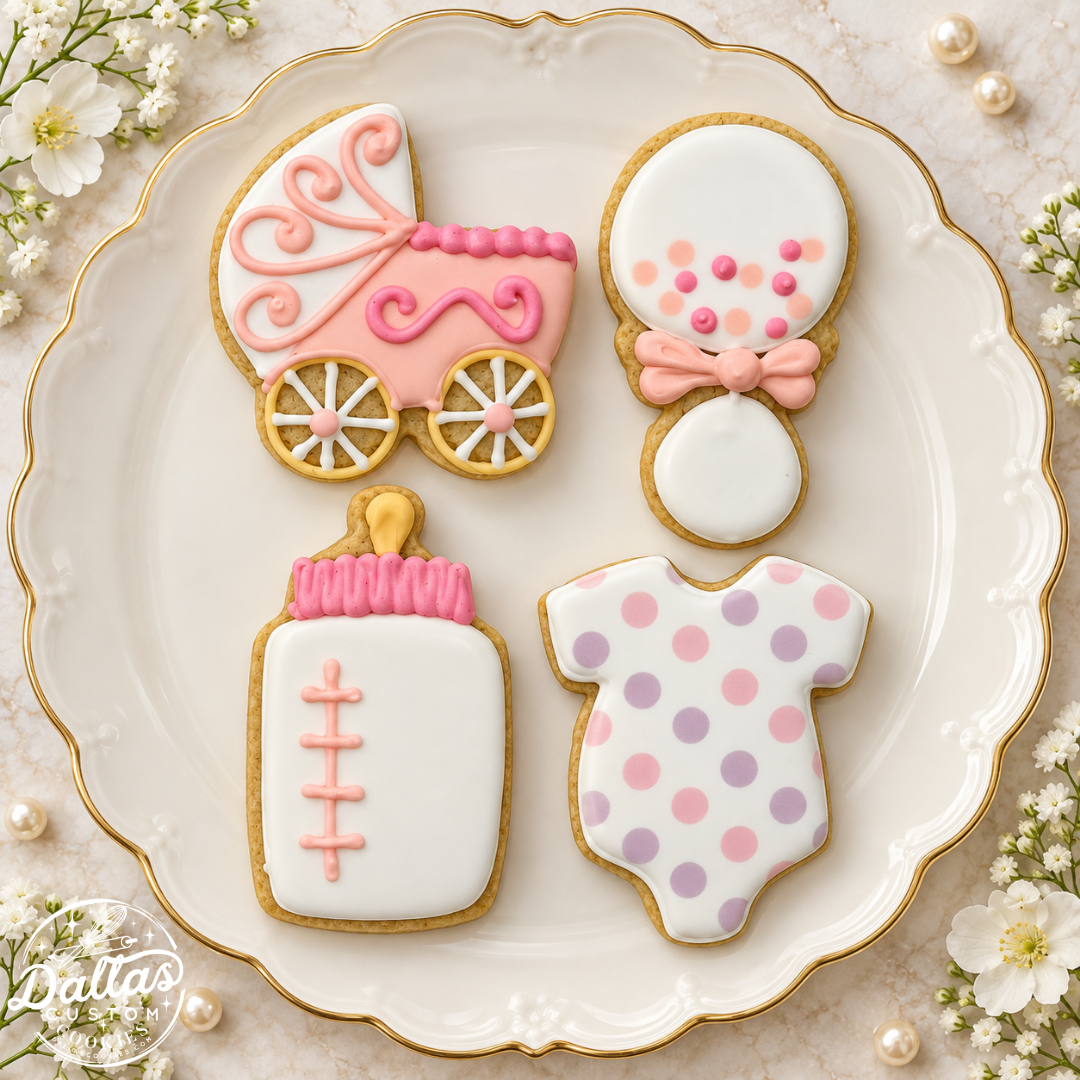 Pink Baby Girl Shower Cookies – Carriage, Rattle, Bottle & Polka Dot Onesie Cookie Set --12 Count