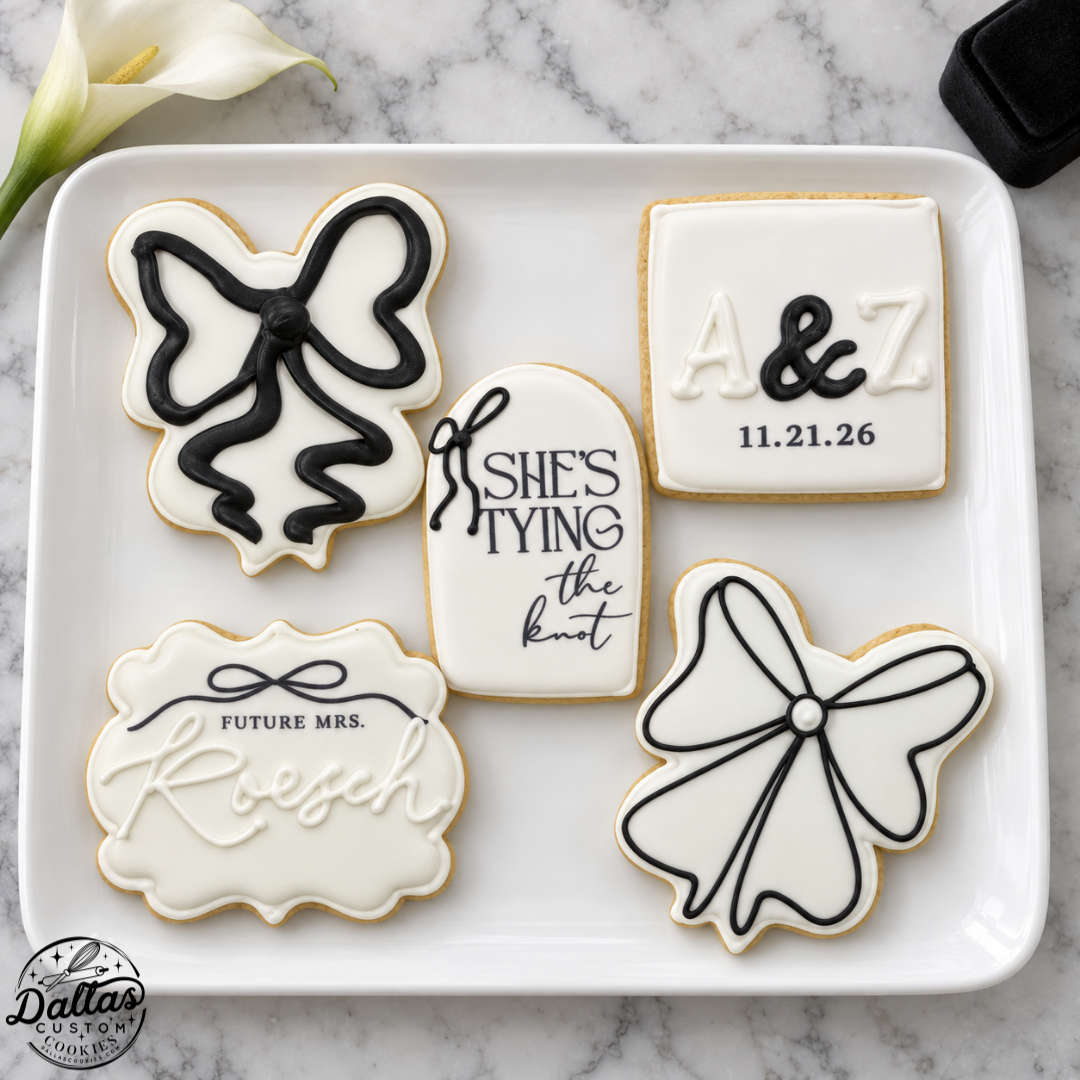 She’s Tying the Knot Bridal Shower Cookies – Black & White Bows and Personalized Wedding Cookie Set-- 12 count