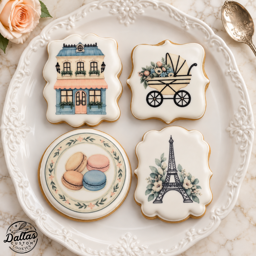 Parisian Baby Shower Cookies – Eiffel Tower, French Patisserie, Macarons & Vintage Carriage Cookie Set --12 Count