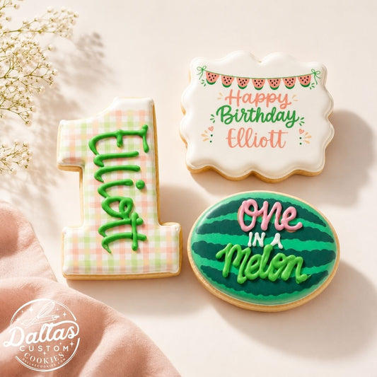 One in a Melon First 1st Birthday Watermelon Fruit Themed Birthday Cookies--12 Count