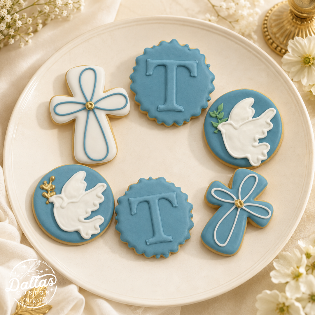 Monochromatic Initial Blue & Dove, Christening Baptism Cross Cookies --12 Count