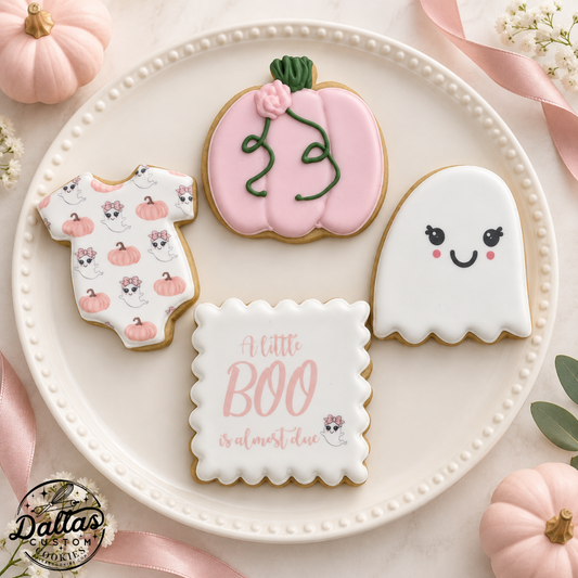 Pink Girl Cute Ghosts & Onesie Halloween Pumpkin Baby Shower Cookies A Little Boo is Due--12 Count