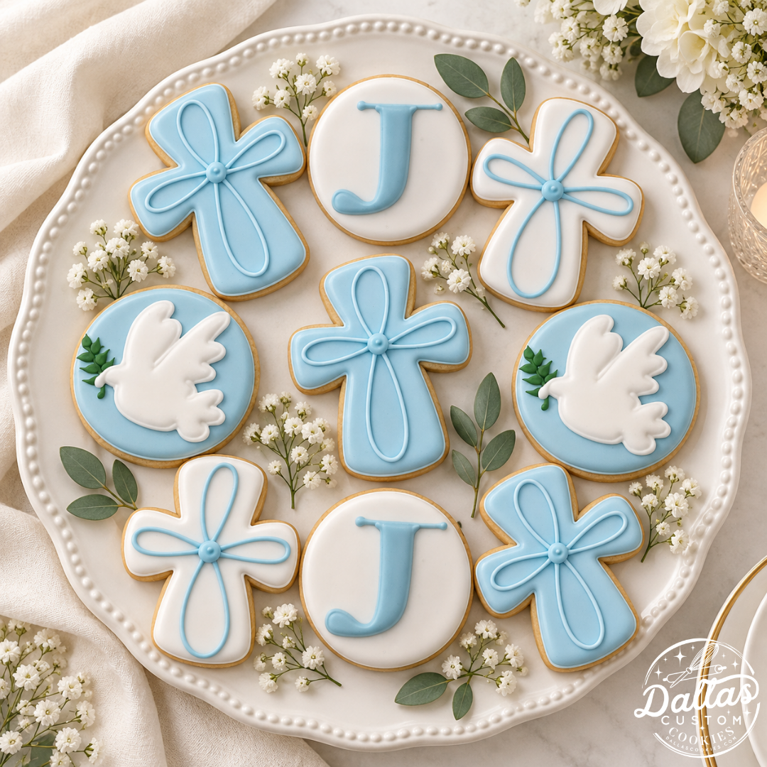 Elegant Dove Blue Baptism & Christening Cookies --12 Count
