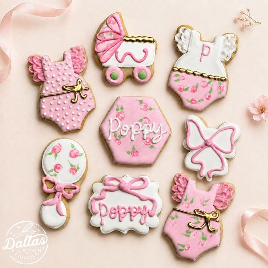 Girly Bows & Vintage Floral Ruffled Lace Onesies Baby Shower Cookie Set --12 Count