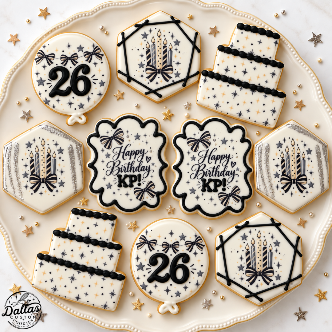 Elegant Custom Black, Gold & Silver Bows & Bubbly Birthday Cookies -- 12 Count