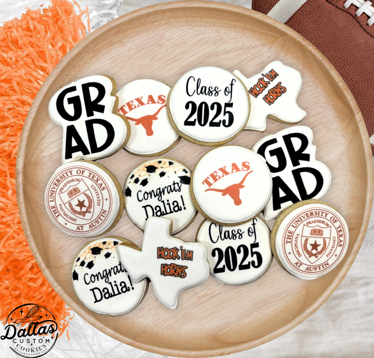 UT Austin University of Texas Longhorn Hook 'em Horns Pre-Designed Graduation Set w/customized name Cookie  -- 12 count