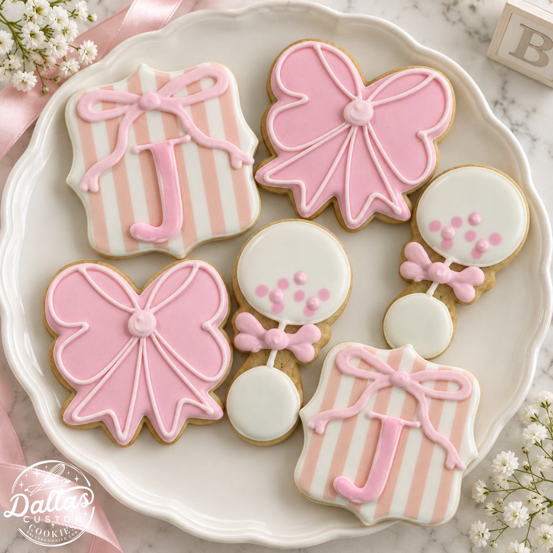 Dainty Pink Stripes and Bows Baby Girl Shower w/Initials Cookies--12 Count
