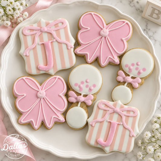 Dainty Pink Stripes and Bows Baby Girl Shower w/Initials Cookies--12 Count