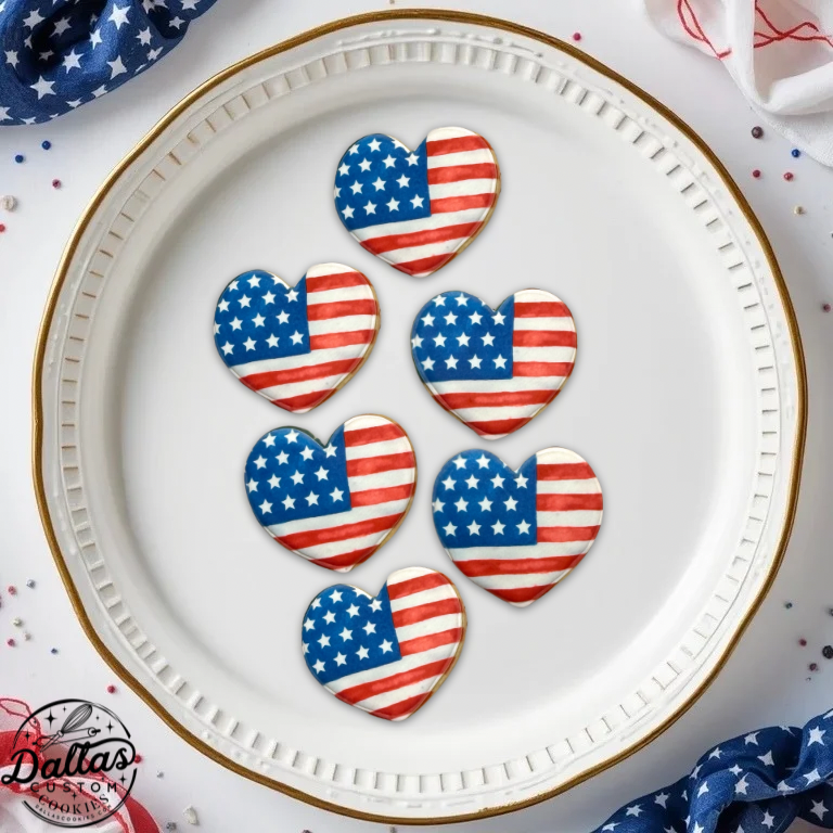 Memorial Day Flag Patriotic Flags on Heart Hearts Shaped Cookie 4th of July  Red White Blue  -- 12 Count