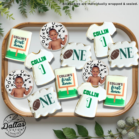 Baby's First Birthday Football Jersey Themed First Down Cookies--12 Count