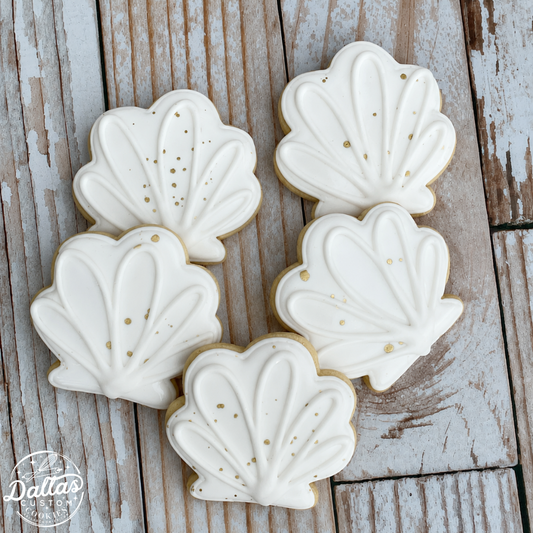 Beach Themed White Sea Shells with Metallic Gold Splatter Bridal Shower Cookies -- 12 Count