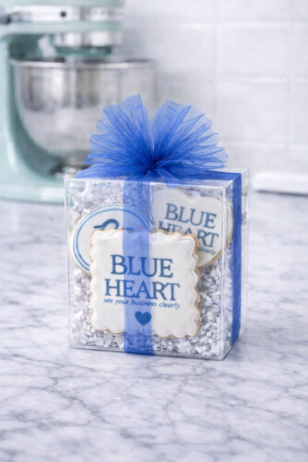 Custom Listing 6 Mini 2 inch BLUE HEART + 6 Full size Custom LOGO Cookies Gift Box + Bow-- 12 count
