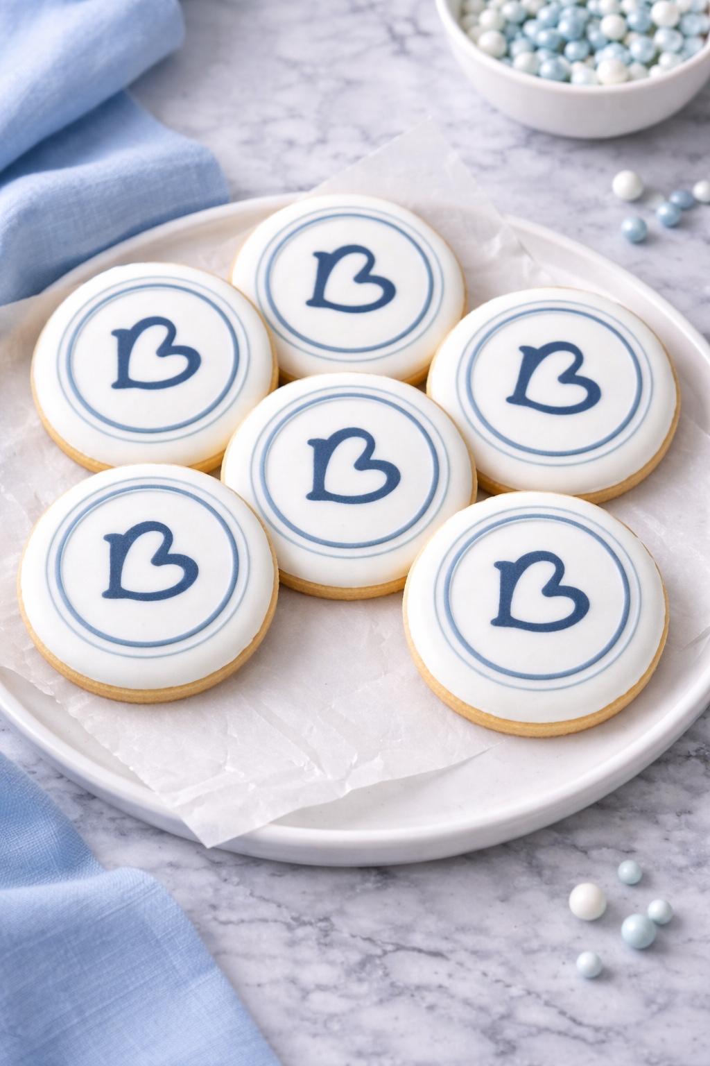 Custom Listing 6 Mini 2 inch BLUE HEART + 6 Full size Custom LOGO Cookies Gift Box + Bow-- 12 count