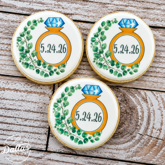 Circle Shaped Engagement Ring Cookies w/Wedding Date & Greenery-- 12 Count