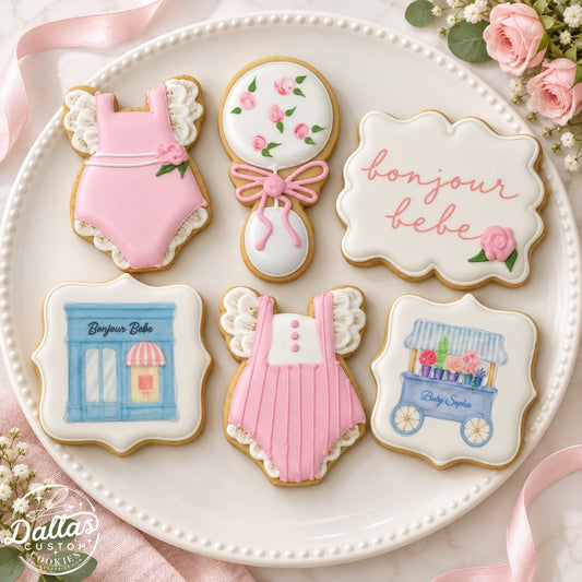 Lacy Onesie French Paris Themed Bonjour Bebe Baby Girl Shower w/Flower Cart Cookies--12 Count