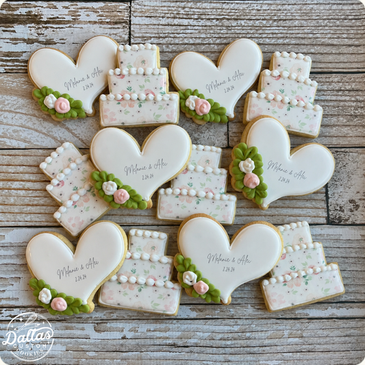 Floral Heart Bridal Engagement Cookies w/Couple's Names & Wedding Date & Wedding Cake-- 12 Count
