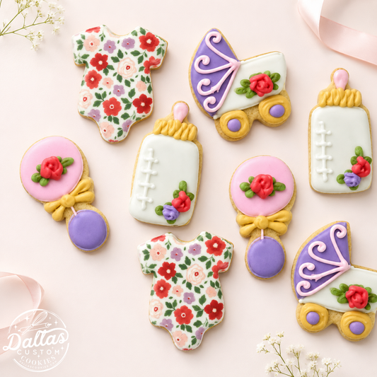Floral Baby Shower Pinks/Reds/Purple Baby Shower Cookies--12 Count