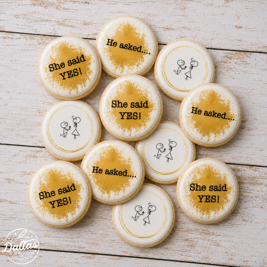 Gold Neutral Colored Stick Figure Proposal He asked She said YES Circle Shaped-- 12 Count
