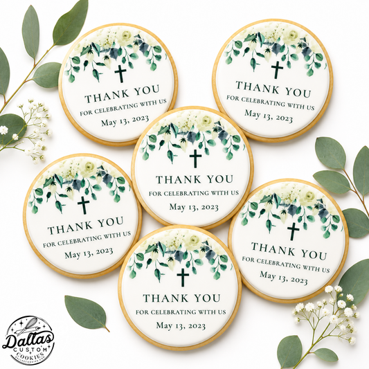 Greenery Gender Neutral Baptism Cookies w/Cross --12 Count