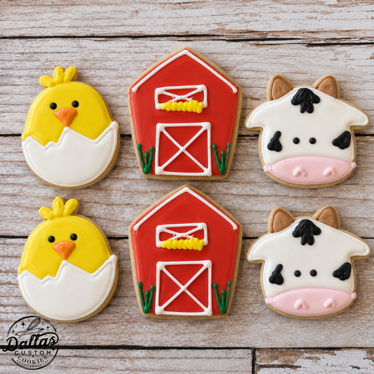 Hand decorated Farm Chick Barn Cow Barnyard Animal Farm Themed Cookies--12 Count