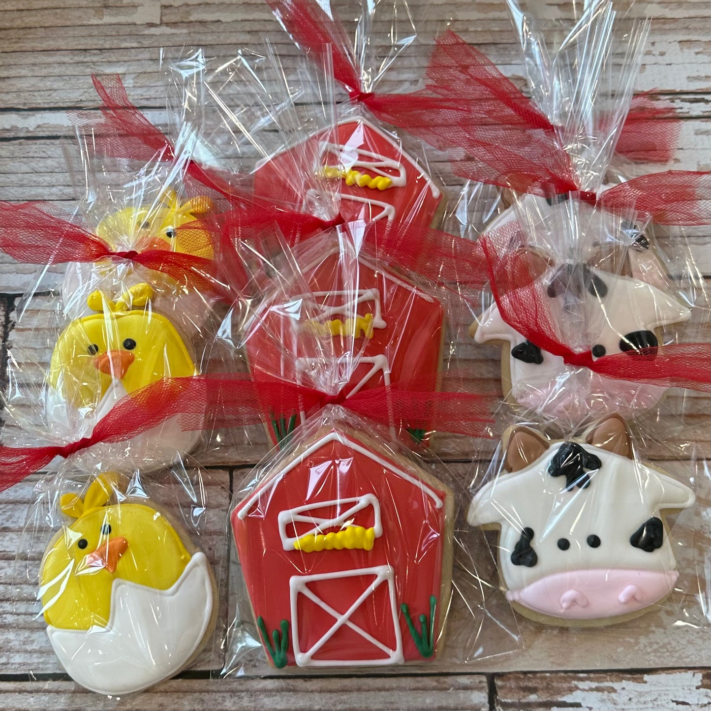 Hand decorated Farm Chick Barn Cow Barnyard Animal Farm Themed Cookies--12 Count