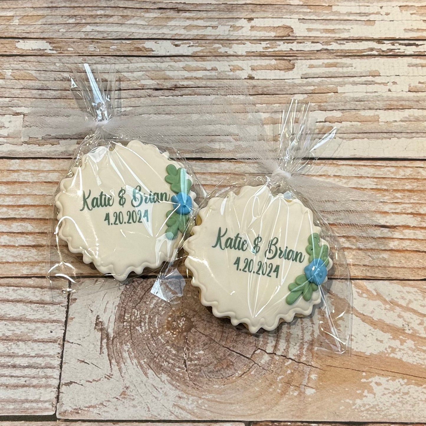 Plaque Shaped Floral Bridal Engagement Cookies w/Couple's Names & Wedding Date-- 12 Count
