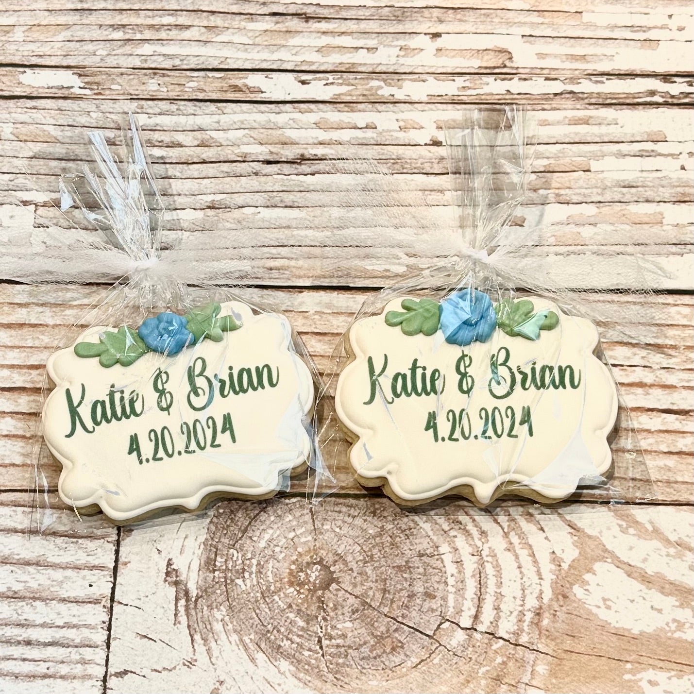 Plaque Shaped Floral Bridal Engagement Cookies w/Couple's Names & Wedding Date-- 12 Count