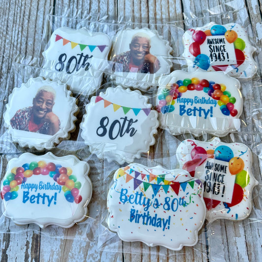 Photo cookies + Colorful Balloons Banners Happy Birthday Plaque Cookies--12 Count