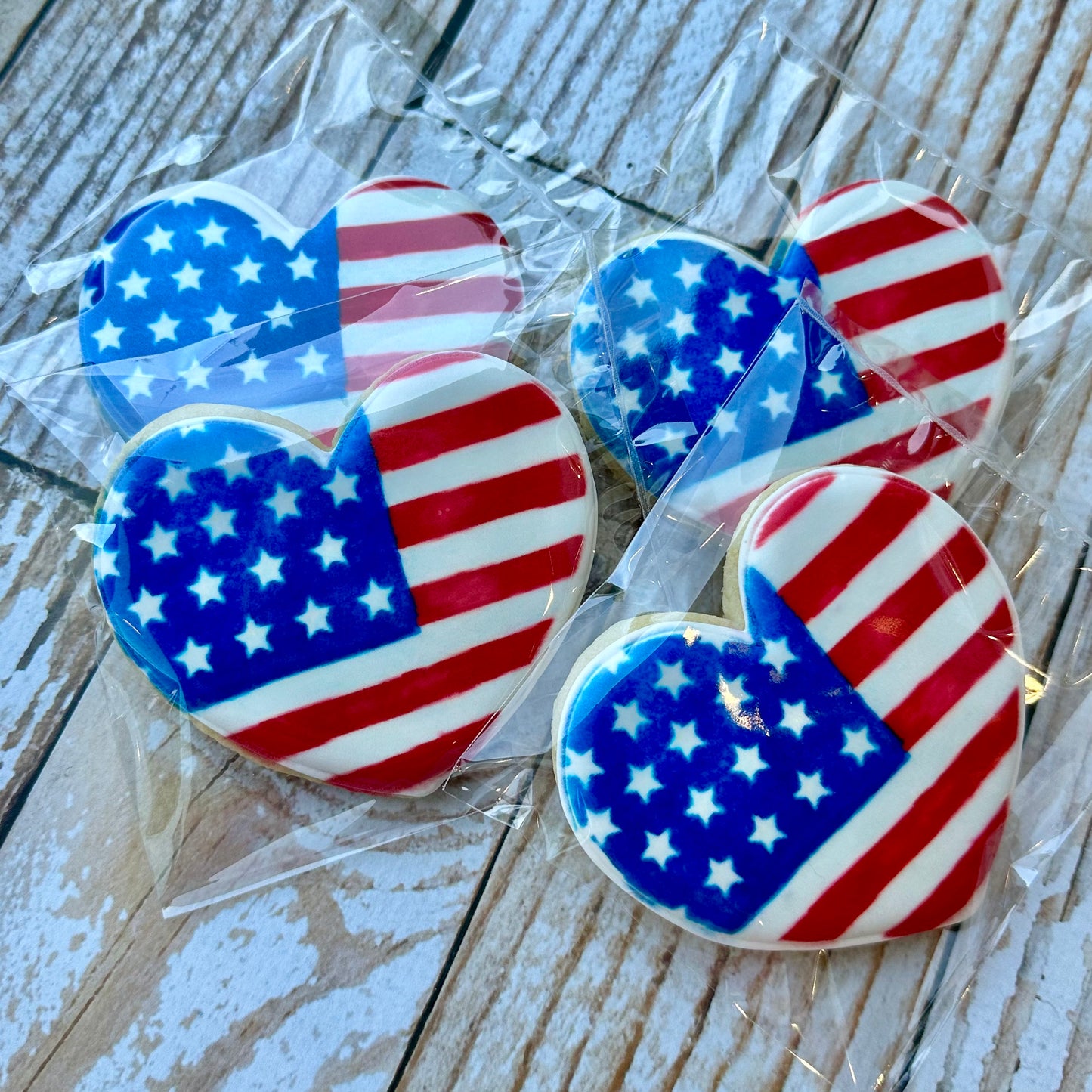 Memorial Day Flag Patriotic Flags on Heart Shaped Cookie 4th of July  Red White Blue  -- 12 Count