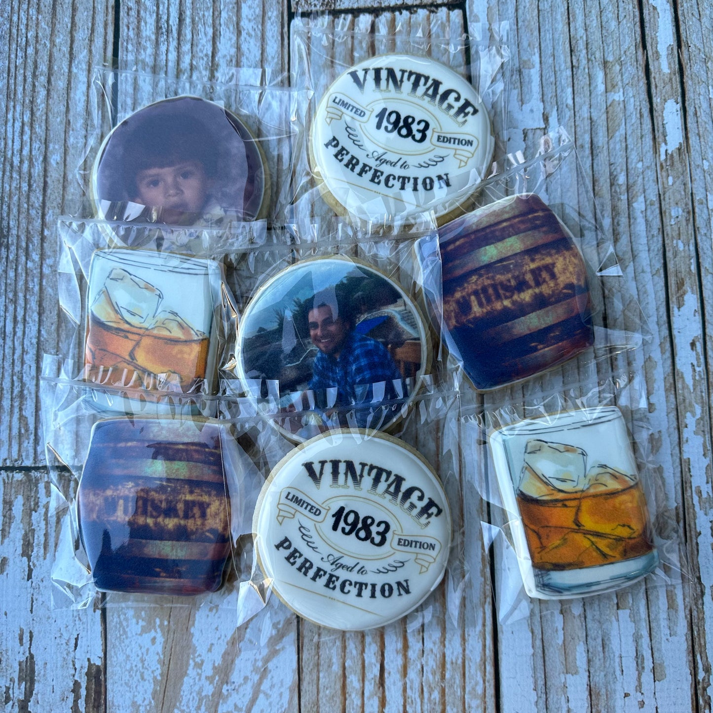 Personalized w/year & Photo Aged to Perfection Whiskey Themed Birthday Sugar Cookies--12 Count