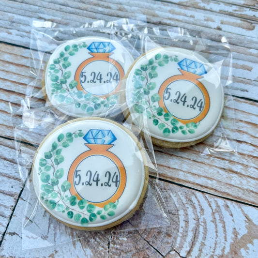 Circle Shaped Engagement Ring Cookies w/Wedding Date & Greenery-- 12 Count