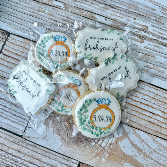 Will you be my Bridesmaid Plaque Shaped Floral Cookies + Wedding Ring on Circle w/wedding Date--12 Count