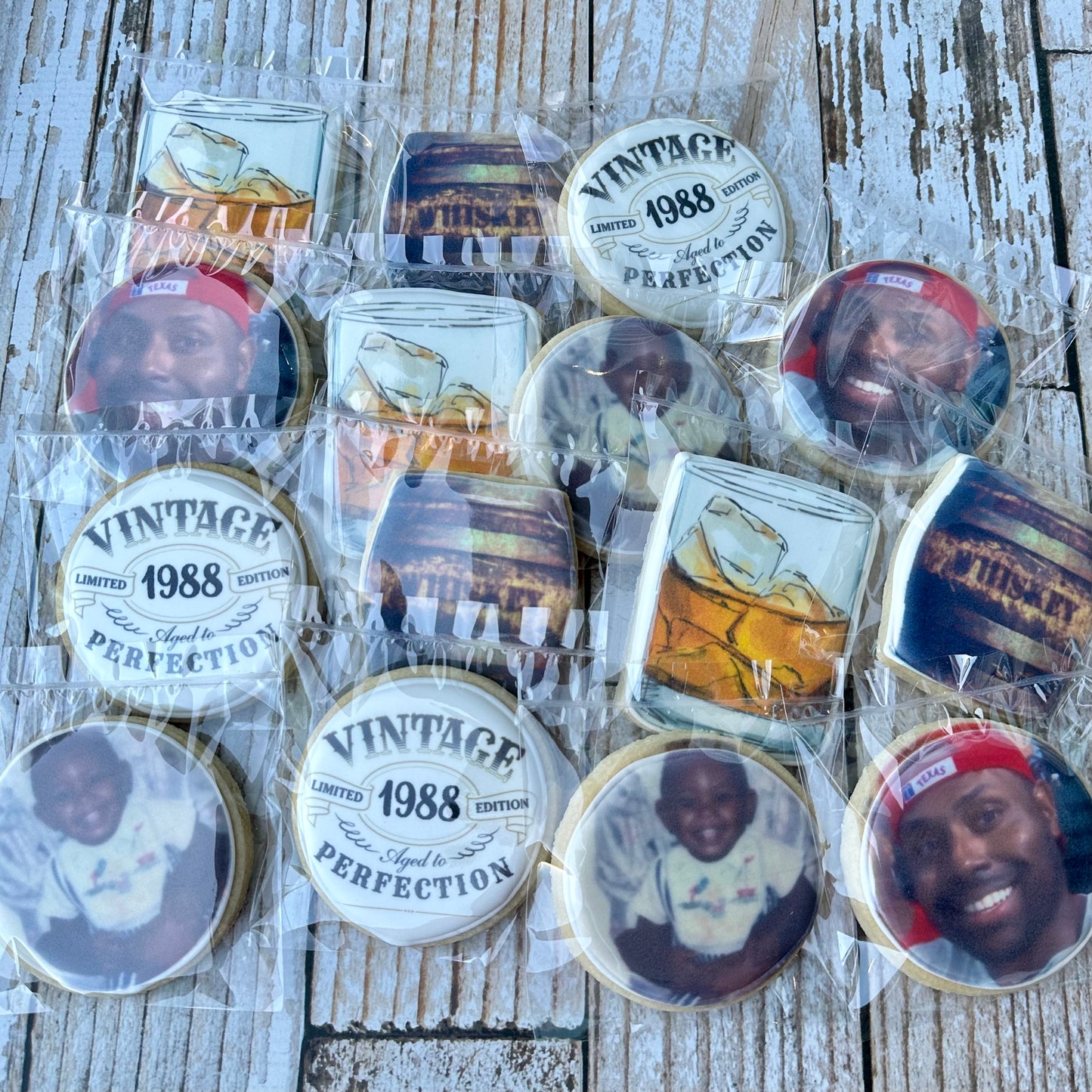 Personalized w/year & Photo Aged to Perfection Whiskey Themed Birthday Sugar Cookies--12 Count