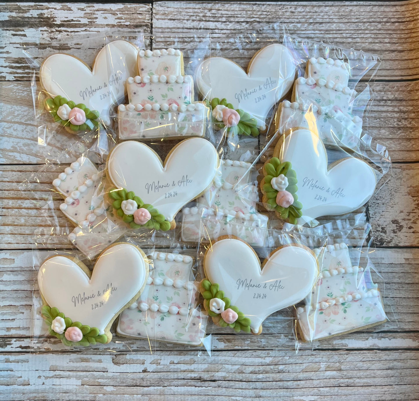 Floral Heart Bridal Engagement Cookies w/Couple's Names & Wedding Date & Wedding Cake-- 12 Count